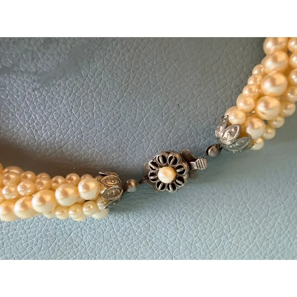 Vtg 1980s Multi Strand Faux Pearl Torsade Necklace Rhinestone Art Deco Choker